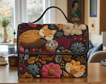 Boho Faux-Crochet Fox Handbag & Wallet, Cute Cottagecore Witchy Fox Purse, Naturecore Fox Floral HandBag, Dark Forestcore Fox Wallet