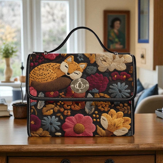 Boho Faux-Crochet Fox Handbag & Wallet, Cute Cottagecore Witchy Fox Purse, Naturecore Fox Floral HandBag, Dark Forestcore Fox Wallet