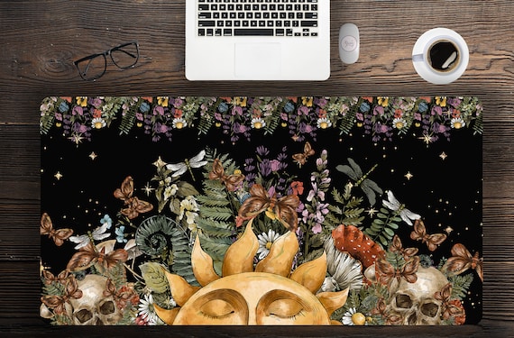 Floral Mystical Sun Cottagecore black witchy desk mat, free shipping cottagecore extended mouse pad, xxl gaming keyboard mat, gamer mat