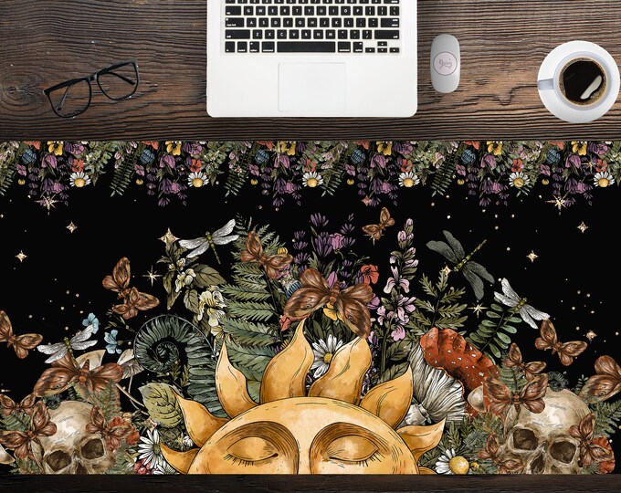 Floral Mystical Sun Cottagecore black witchy desk mat, free shipping cottagecore extended mouse pad, xxl gaming keyboard mat, gamer mat