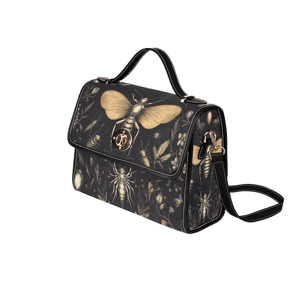 Cottagecore witch Canvas Satchel bag, Cute women rose moon crossed body purse, cute vegan leather strap hand bag goth bag, hippies boho gift