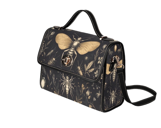 Cottagecore witch Canvas Satchel bag, Cute women rose moon crossed body purse, cute vegan leather strap hand bag goth bag, hippies boho gift