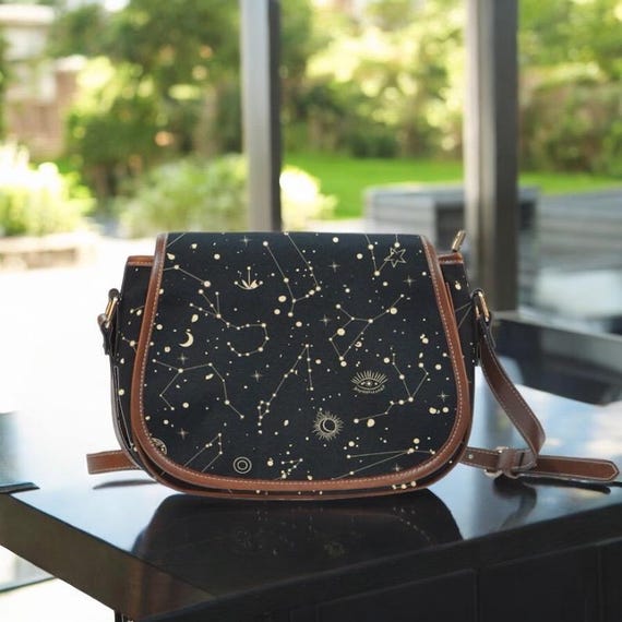 Constellation Star Map Black Witchy Vegan leather saddle bag, Witchy mystical crossed body purse women, witch goth bag, hippies boho gift