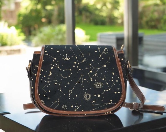 Constellation Star Map Black Witchy Vegan leather saddle bag, Witchy mystical crossed body purse women, witch goth bag, hippies boho gift