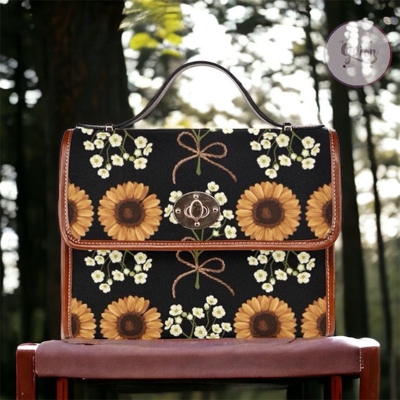 Cottagecore Sunflower Cute Canvas Satchel Bag, Rustic Flower Crossbody Bag, Vegan Leather Strap Cottagecore Canvas Bag, Boho Hippies Gift