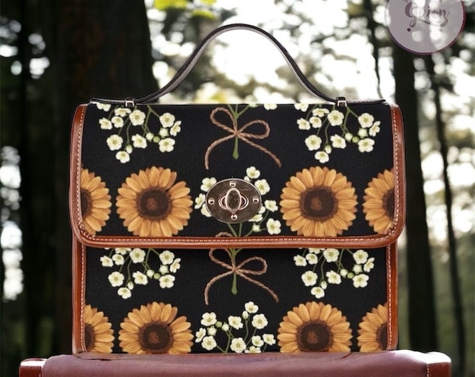 Cottagecore Sunflower Cute Canvas Satchel Bag, Rustic Flower Crossbody Bag, Vegan Leather Strap Cottagecore Canvas Bag, Boho Hippies Gift