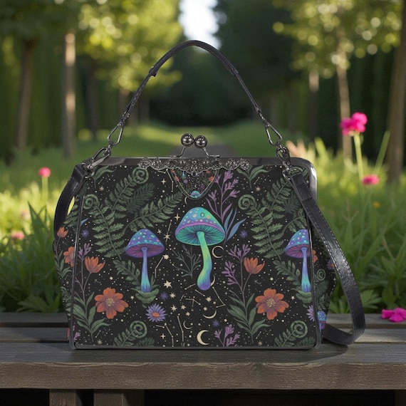 Cottagecore Mushroom Kisslock Bag - Vegan Leather Witchy Kisslock Purse, Witchy Crossed body Mushroom purse, goth bag, hippies boho gift