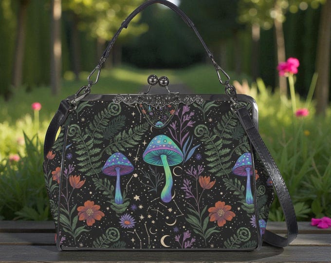 Cottagecore Mushroom Kisslock Bag - Vegan Leather Witchy Kisslock Purse, Witchy Crossed body Mushroom purse, goth bag, hippies boho gift