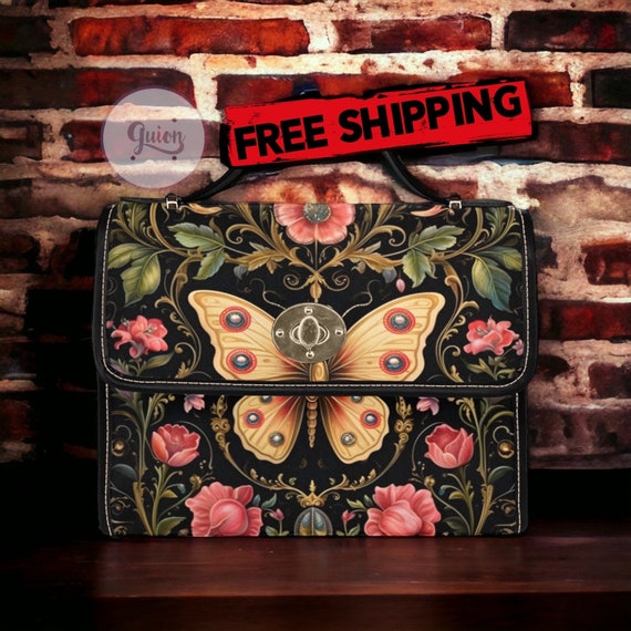 Dark Cottagecore witch Pink floral moth mini messenger bag, Moon phase Celestial Dark academia Vegan leather trim boho purse satchel bag