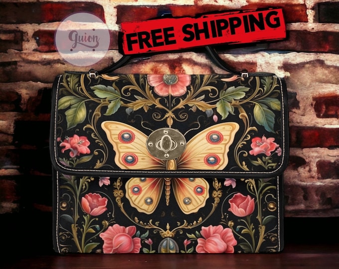 Dark Cottagecore witch Pink floral moth mini messenger bag, Moon phase Celestial Dark academia Vegan leather trim boho purse satchel bag