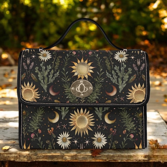 Cottagecore Daisy Boho floral black Canvas Satchel bag, women boho crossed body purse, cute vegan leather strap hand bag, hippies boho gift