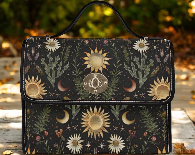 Cottagecore Daisy Boho floral black Canvas Satchel bag, women boho crossed body purse, cute vegan leather strap hand bag, hippies boho gift