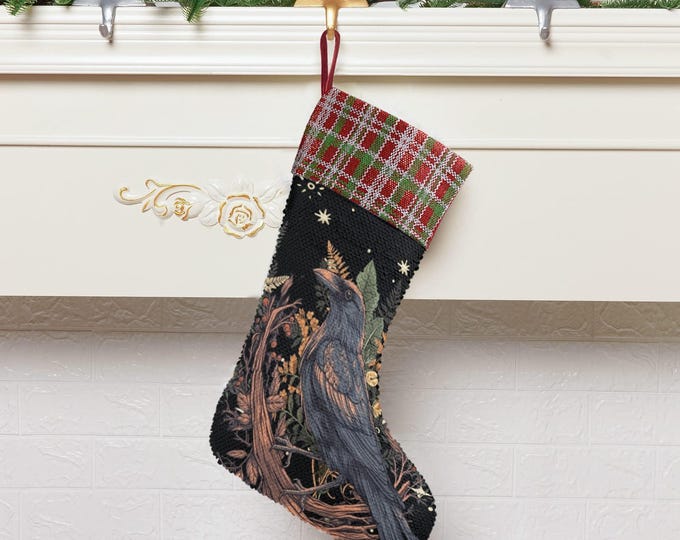 Dark Witch Crow Sequin Stocking, Witchy Stuffing Gifts, Fireplace hang decor, Christmas gift decor, Raven Holliday stuffer, Witchy Christmas