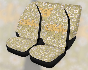 Rainbow Peace & Love Hippie Retro Boho Car Seat Cover For Women, Universal Fit Cute Colorful Floral Front Bucket Seat Cover For Car Vehicle