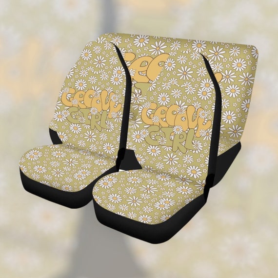 Rainbow Peace & Love Hippie Retro Boho Car Seat Cover For Women, Universal Fit Cute Colorful Floral Front Bucket Seat Cover For Car Vehicle