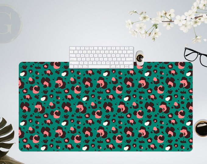 Green Leopard Print Extra Large Desk Mat with Multiple Size Options, Home Office Desk Decor, Gift For Coworker, Extended Gaming Mouse Pad