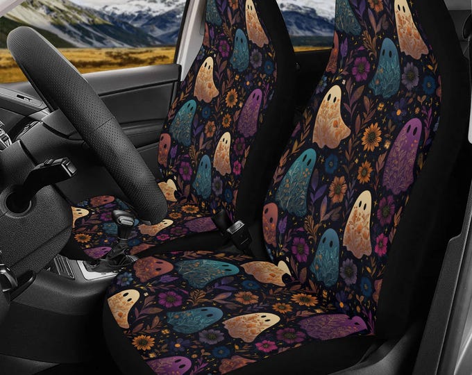 Cute Botanical Ghosts Car Seat Cover, Witchy Front Bucket Seat Cover For Car Vehicle, Cottagecore seat cover car interior decor gift
