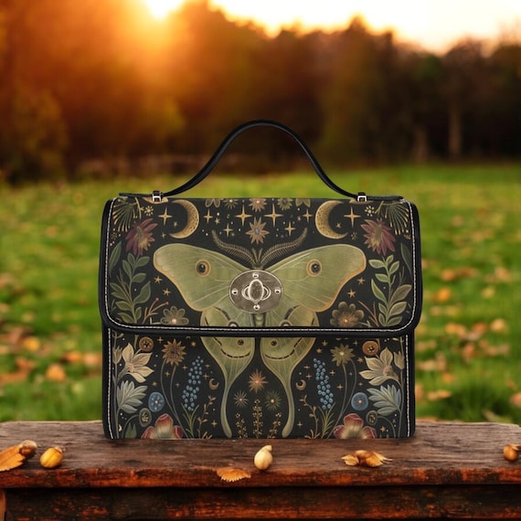 Boho Luna Moth Forest Canvas Satchel bag, cottagecore dreamy butterfly crossbody purse, Vegan leather handbag goth bag, hippies boho gift