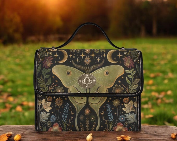 Boho Luna Moth Forest Canvas Satchel bag, cottagecore dreamy butterfly crossbody purse, Vegan leather handbag goth bag, hippies boho gift