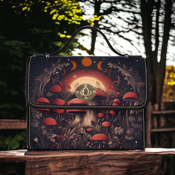Dark Cottagecore witch Canvas Satchel bag, magical Mushroom Moon crossed body purse, Goblincore Dark Forest Bag, Witchy Mushroom Bag gift