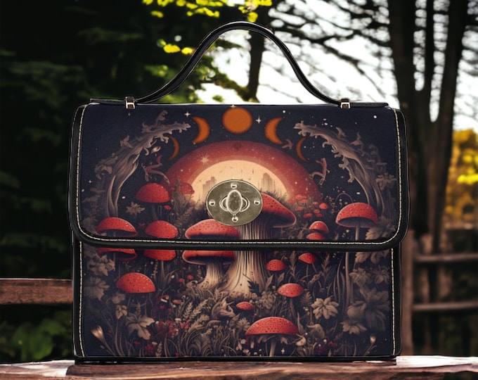 Dark Cottagecore witch Canvas Satchel bag, magical Mushroom Moon crossed body purse, Goblincore Dark Forest Bag, Witchy Mushroom Bag gift