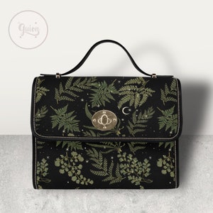 Bolso Boho Fern forest Black Canvas Satchel, bolso bandolera verde Moon, linda correa de cuero vegano Dark Cottagecore bolso con correa ajustable imagen 3