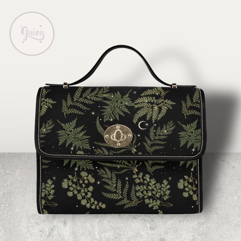 Boho Fern bos zwarte canvas tas, groene crossbody maan tas, schattige veganistische leren riem donkere Cottagecore handtas met verstelbare riem afbeelding 3