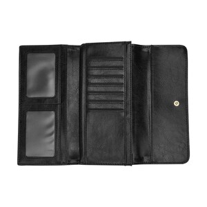 May include: Black leather wallet with multiple card slots and a snap closure.