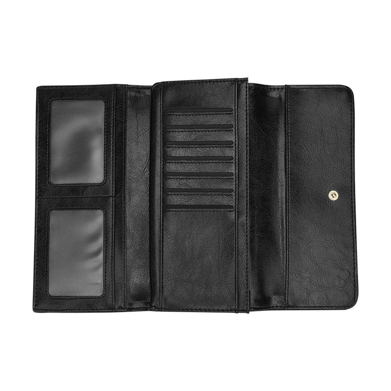 May include: Black leather wallet with multiple card slots and a snap closure.