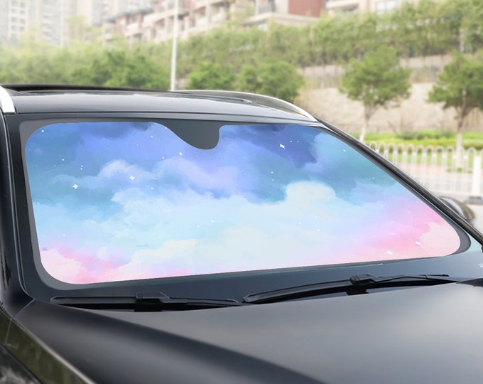 Pastel watercolor cute starry sky Car sunshade for windshield, Kawaii Anime sky Window Sun Blocker, car accessories Auto Decor windshield