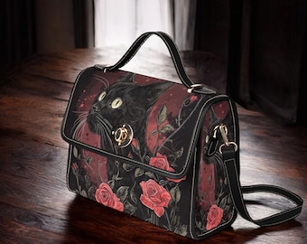 Bolso bandolera de lona con diseño de gato negro y rosas rojas, bolso bandolera con diseño de gato negro de bruja, bonito bolso de mano con correa negra, bolso de regalo hippie bohemio.