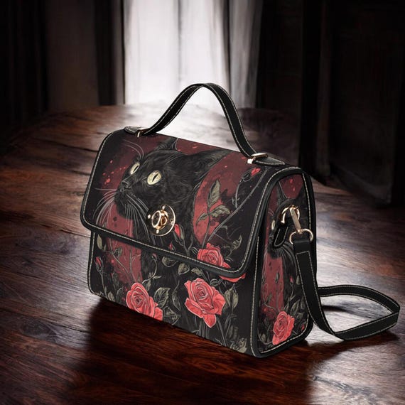 Black Cat and Red Roses Canvas Satchel bag, Witchy Black Cat Animal crossbody purse, cute black strap hand bag, hippies boho gift purse