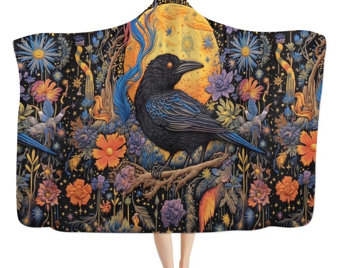 Cottagecore Witchy Crow hooded blanket, Maximalist Witchy lounging cozy blanket throw, Fairycore Boho hooded cloak Cape Blanket hippies gift