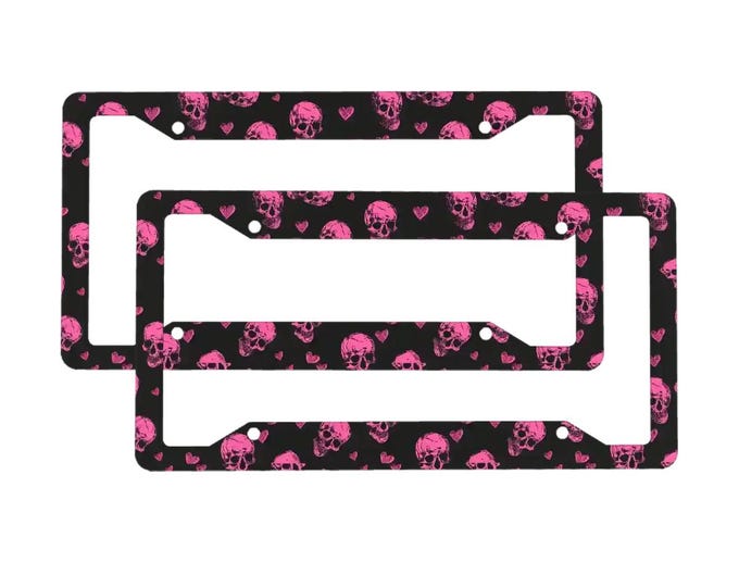 Pastel Goth Pink Skull License Plate Frame, Creepy Cute Heart Car Accessories, Witchy Spooky Vehicle Tag Cover, Y2K Emo Alt Girl Gift