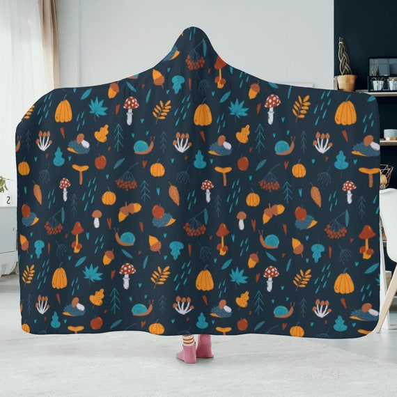 Cute Cottagecore soft autumn hedgehog and mushroom hooded blanket, Cottagecore fall blanket hooded, soft hooded blanket for fall gift
