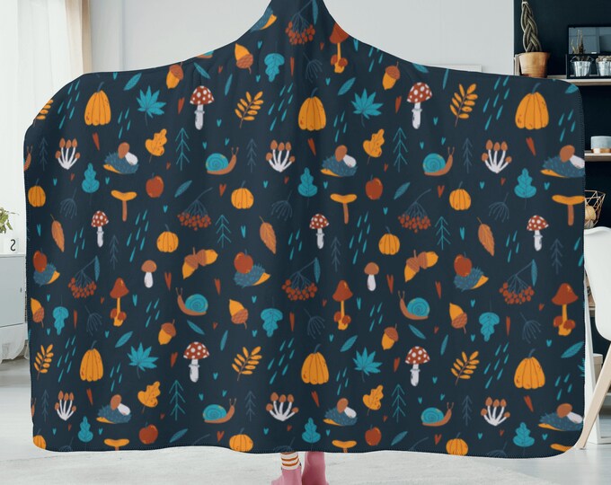 Cute Cottagecore soft autumn hedgehog and mushroom hooded blanket, Cottagecore fall blanket hooded, soft hooded blanket for fall gift