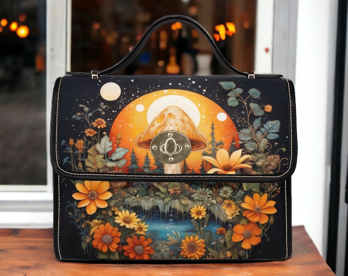 Dark Mushroom Forest Canvas Satchel Bag, Women Mystical witch crossed body purse, vegan leather strap hand bag goth bag, hippies boho gift
