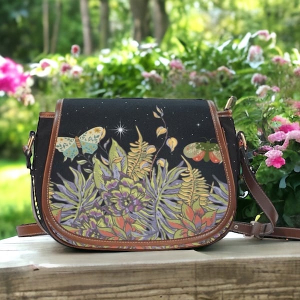 Boho Forest witch Black Vegan leather saddle bag, women floral moth crossed body purse, cute PU leather hand bag goth bag, hippies boho gift