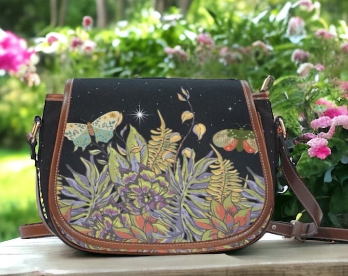 Boho Forest witch Black Vegan leather saddle bag, women floral moth crossed body purse, cute PU leather hand bag goth bag, hippies boho gift