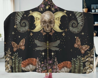 Dark witchy moon skull Hooded Blanket, soft Cottagecore blanket halloween, black witchy skull hooded cloak, boho hippies gift Cottagecore