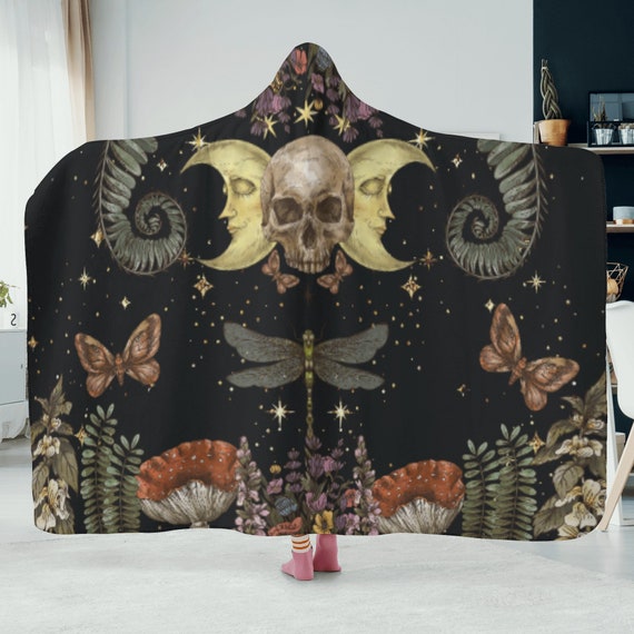 Dark witchy moon skull Hooded Blanket, soft Cottagecore blanket halloween, black witchy skull hooded cloak, boho hippies gift Cottagecore
