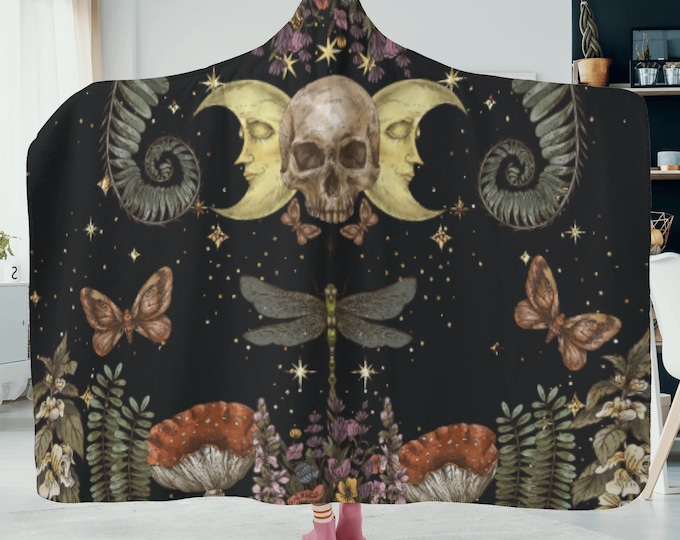 Dark witchy moon skull Hooded Blanket, soft Cottagecore blanket halloween, black witchy skull hooded cloak, boho hippies gift Cottagecore