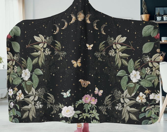 Cottagecore Moon floral hooded blanket, Maximalist Witchy lounging cozy blanket throw, Fairycore Boho hooded cloak Cape Blanket hippies gift