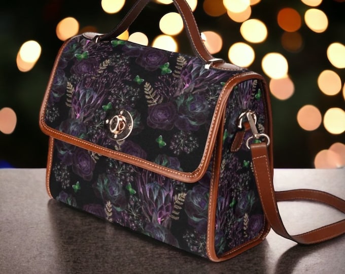 Cottagecore Dark Purple Floral Canvas Satchel bag, Cute women crossbody purse, vegan leather strap hand bag, goth bag, hippies boho gift