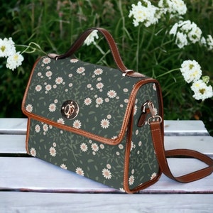 Bolso de lona verde con diseño floral bohemio Daisy de Cottagecore, bolso cruzado bohemio para mujer, lindo bolso de mano con correa de cuero vegano, regalo bohemio hippie