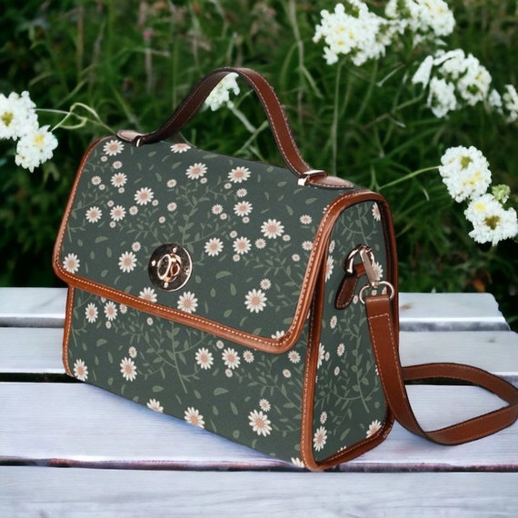 Cottagecore Daisy Boho floral green Canvas Satchel bag, women boho crossed body purse, cute vegan leather strap hand bag, hippies boho gift