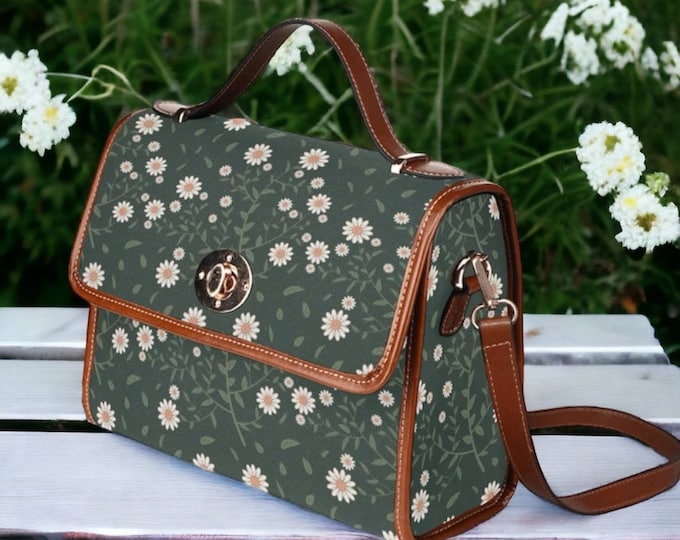 Cottagecore Daisy Boho floral green Canvas Satchel bag, women boho crossed body purse, cute vegan leather strap hand bag, hippies boho gift