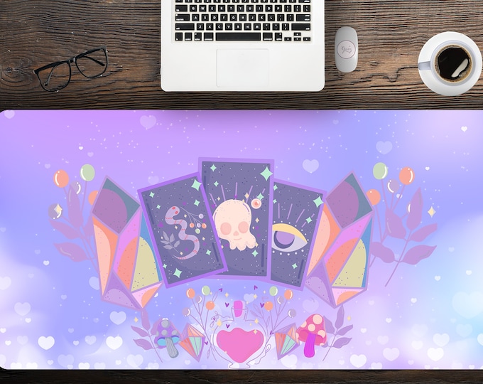 Kawaii Pink Tarot Crystal Witchy Elements kawaii desk mat, Cute mystical extended mouse pad, extra large gaming desk pad, mousepad wrist res