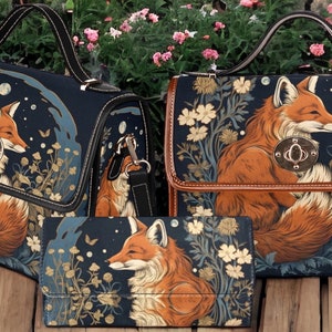 Retro Fox in the Forest Canvas Satchel bag, Cottagecore forestcore crossbody purse, cute vegan leather strap goth bag, hippies boho gift image 4