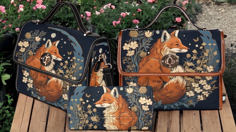 Bolso Retro Fox in the Forest Canvas Satchel, bolso bandolera Cottagecore forestcore, lindo bolso gótico con correa de cuero vegano, regalo boho hippies imagen 4